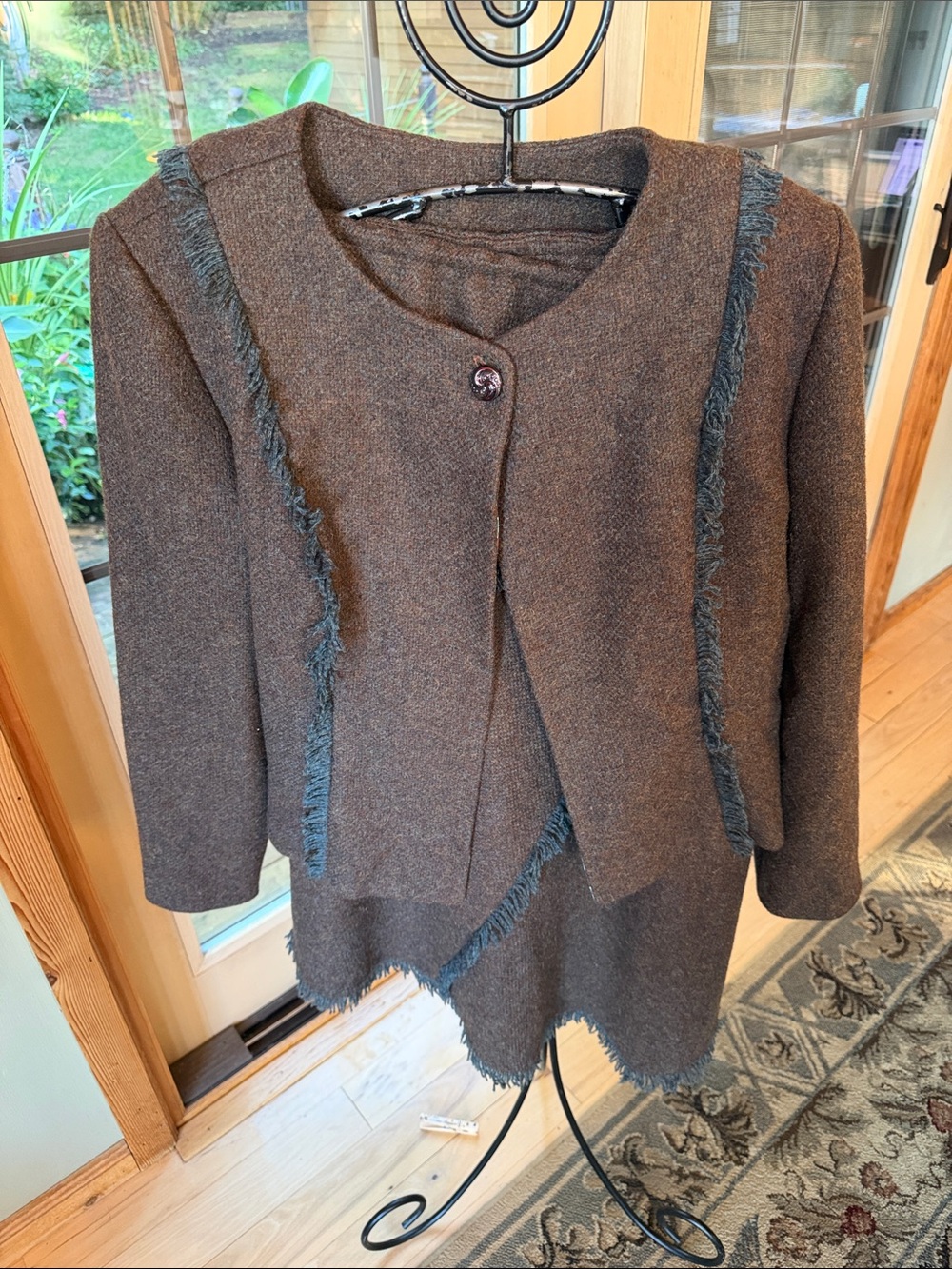 Handmade 2pc Brown Wool Fringed Trim Lined Sz L Jacket & Skirt New
